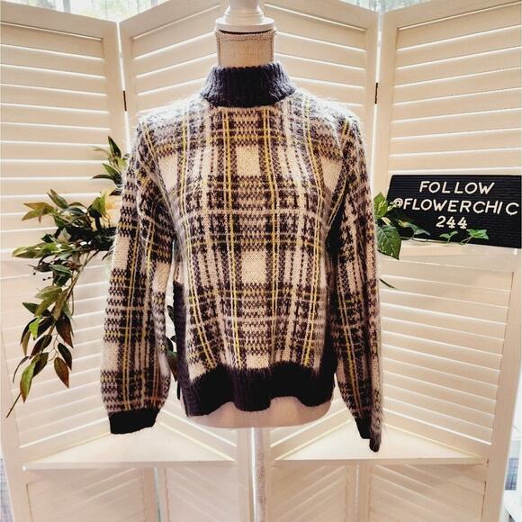 NINE WEST PLAID BLACK YELLOW SWEATER SIZE SMALL - Picture 2 of 8